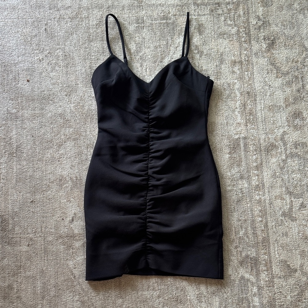 Likely Black Ruched Mini Dress with Spaghetti Straps